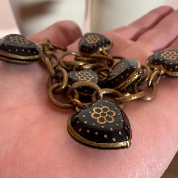 Antique Victorian revival art deco Brass Black enamel Heart Charm bracelet - Picture 12 of 17